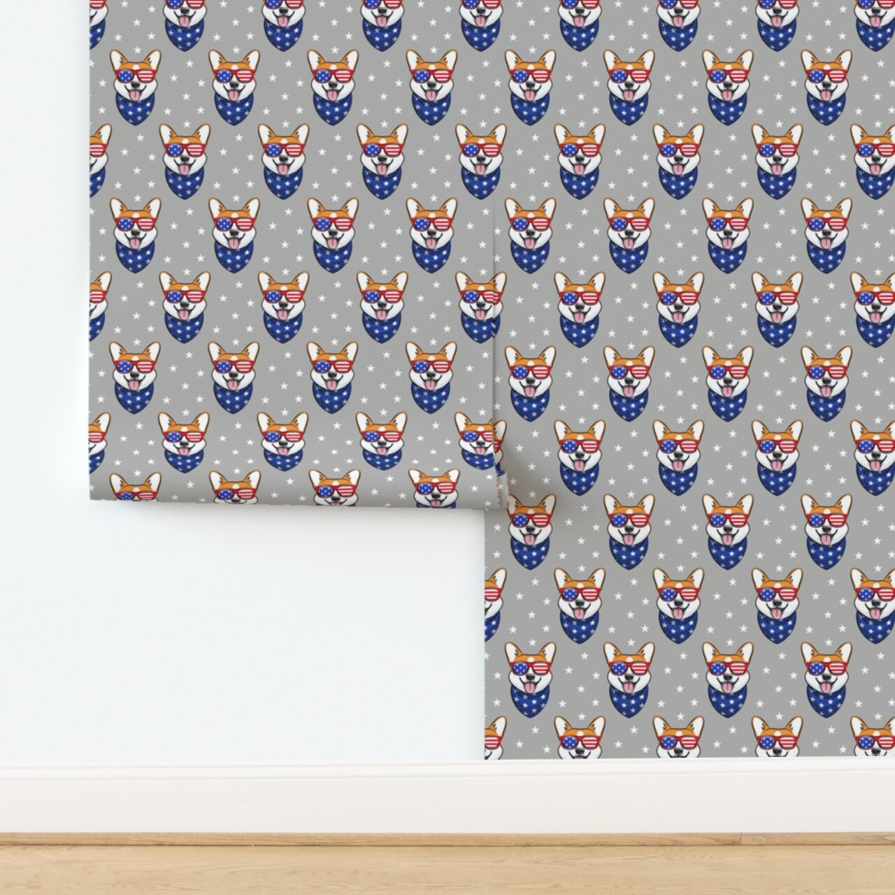 Red White And Blue July 4th Independence Day Corgi Stars And Stripes Sunglasses Welsh Corgi Custom Pre-pasted Wallpaper by Spoonflower Pre-Pasted Wallpaper 2FT Wide